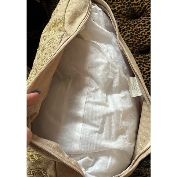 Big Beige Linen Like Material With Gold Threading Medallion Pattern Pillow - Picture 6 of 10